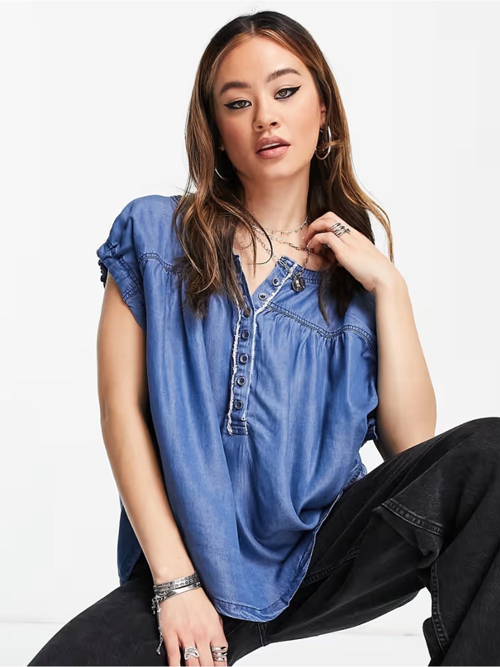 Free People - We the Free -  Summer Love Chambray Denim Blue Short Sleeve Top